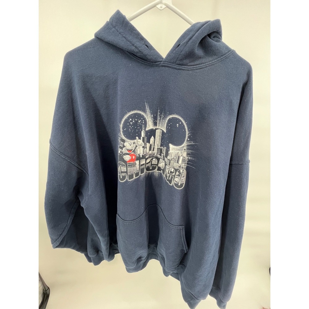 Disney Mickey Mouse Chicago Skyline Graphic Hoodie Sweatshirt Navy Blue‎ XL